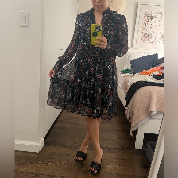 The Kooples Blue Bird Silk Chiffon Dress Size 0 - Picture 2 of 8